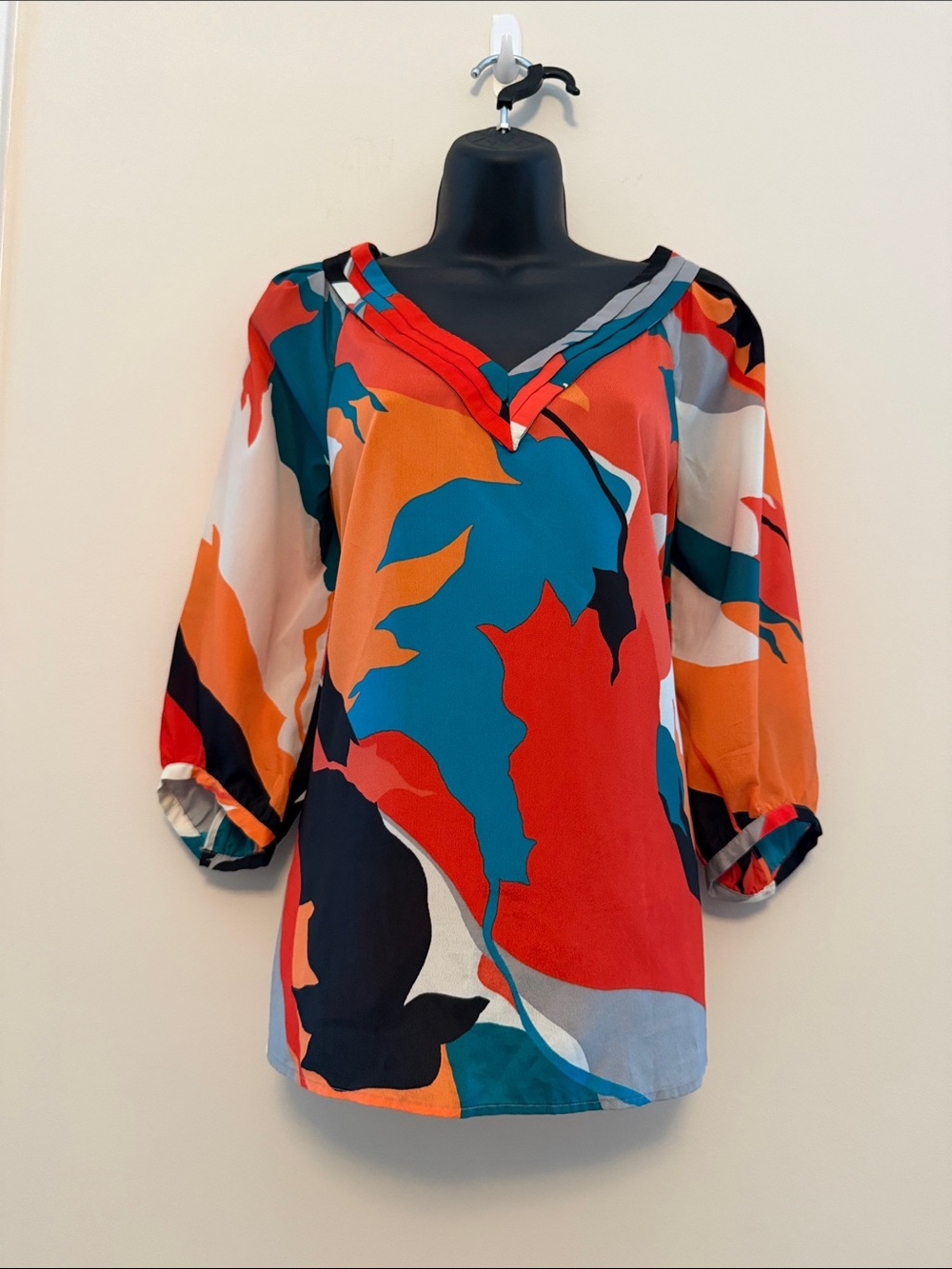 Banana Republic- Abstract Floral V-Neck Blouse in Teal & Red